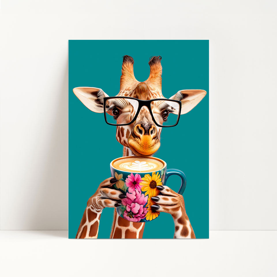 Giraffe Drinking Coffee Kitchen Print