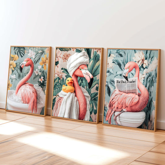 Set of 3 Flamingo Bathroom Wall Art Prints