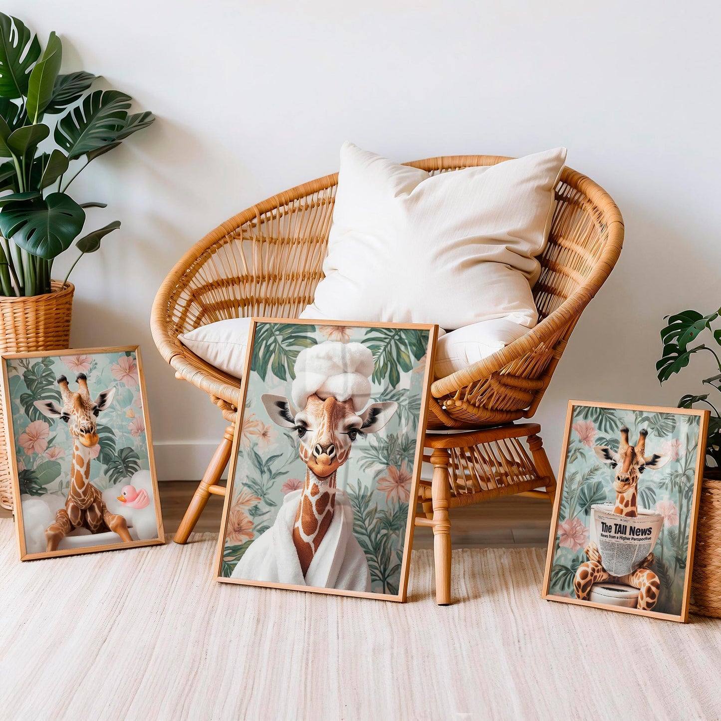 Set of 3 Funny Giraffe Bathroom Wall Art Prints