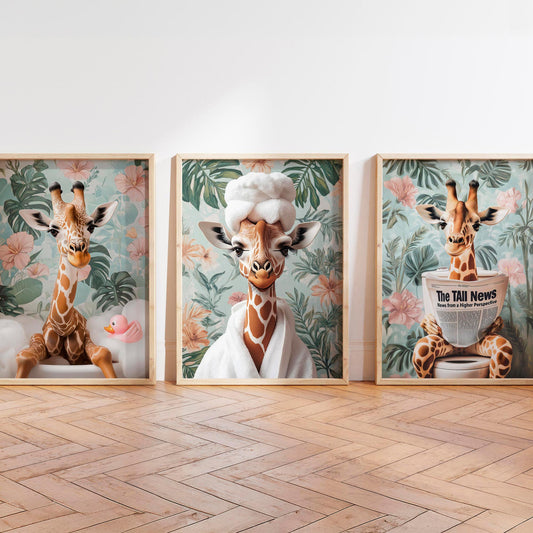 Set of 3 Funny Giraffe Bathroom Wall Art Prints
