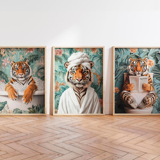 Set of 3 Funny Tiger Bathroom Wall Art Prints
