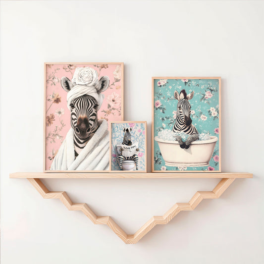 Set of 3 Funny Zebra Bathroom Wall Art Prints