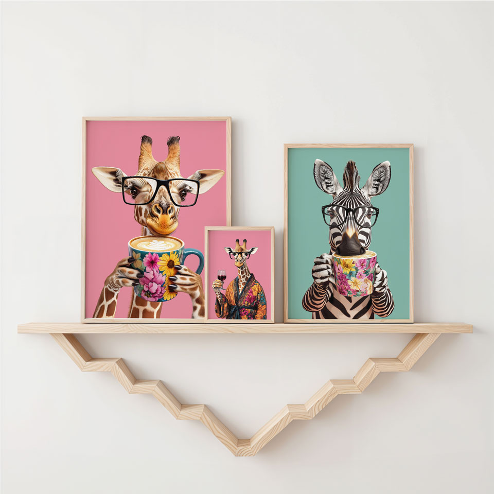 a couple of giraffes are on a shelf