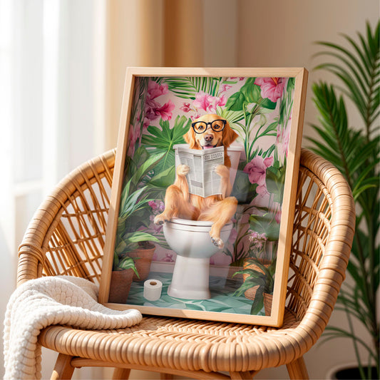 a dog sitting on a toilet reading a magazine