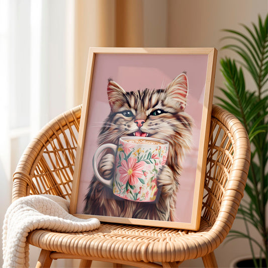 a picture of a cat holding a coffee cup