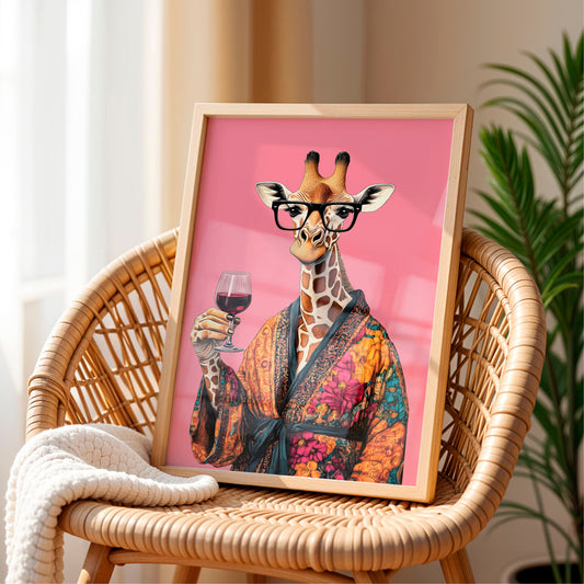 a picture of a giraffe holding a glass of wine