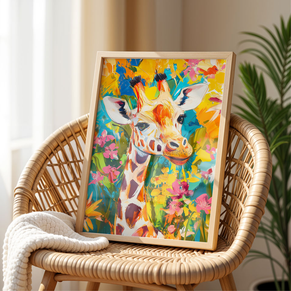a painting of a giraffe on a wicker chair