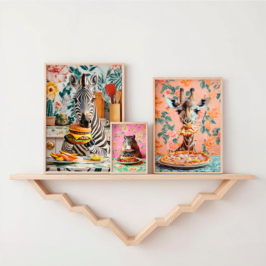 a shelf with three pictures of animals on it