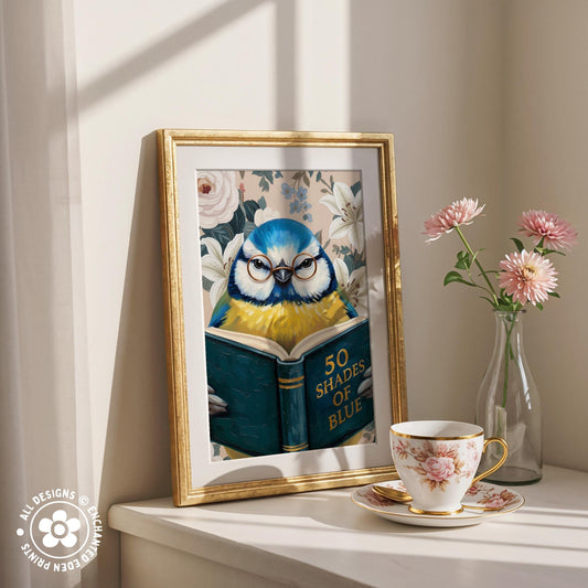 Funny Blue Tit Reading Book Art – Quirky Bird Lover Wall Decor