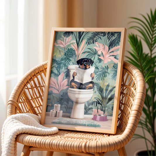 a picture of a dog sitting on top of a toilet