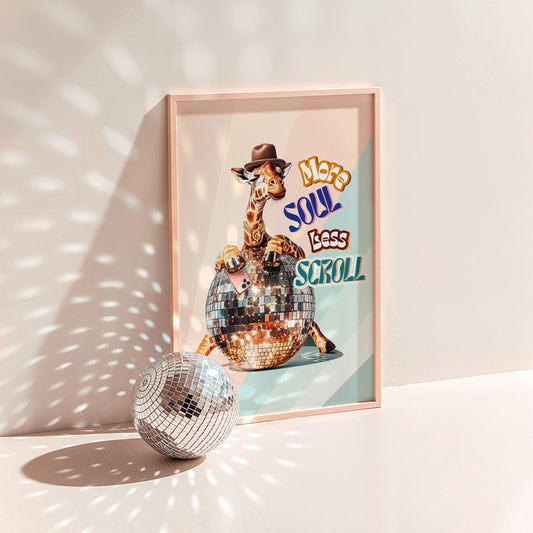 a disco ball sitting next to a picture of a giraffe