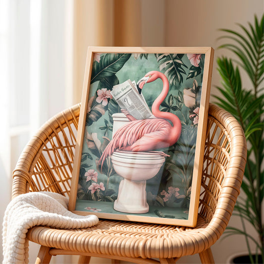 a picture of a pink flamingo sitting on a toilet