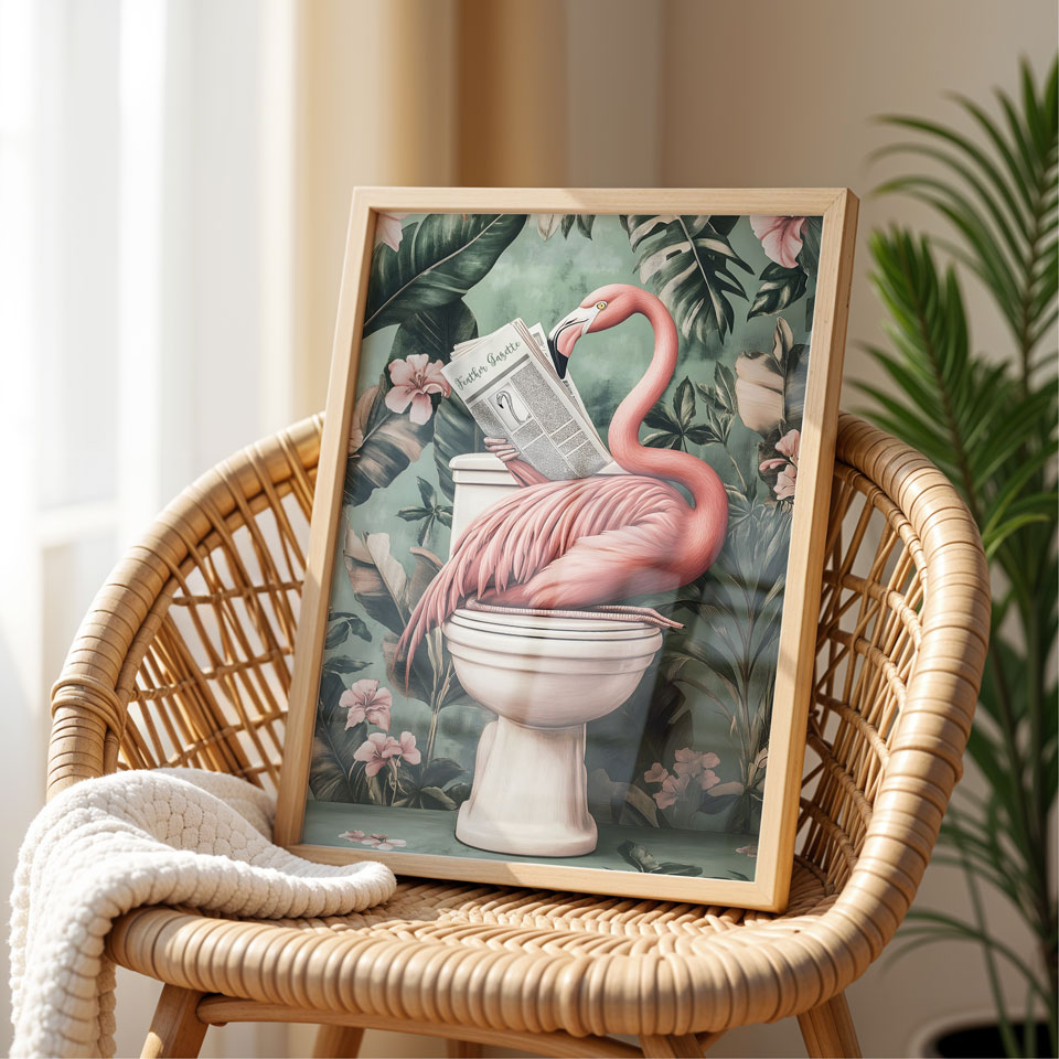 a picture of a pink flamingo sitting on a toilet