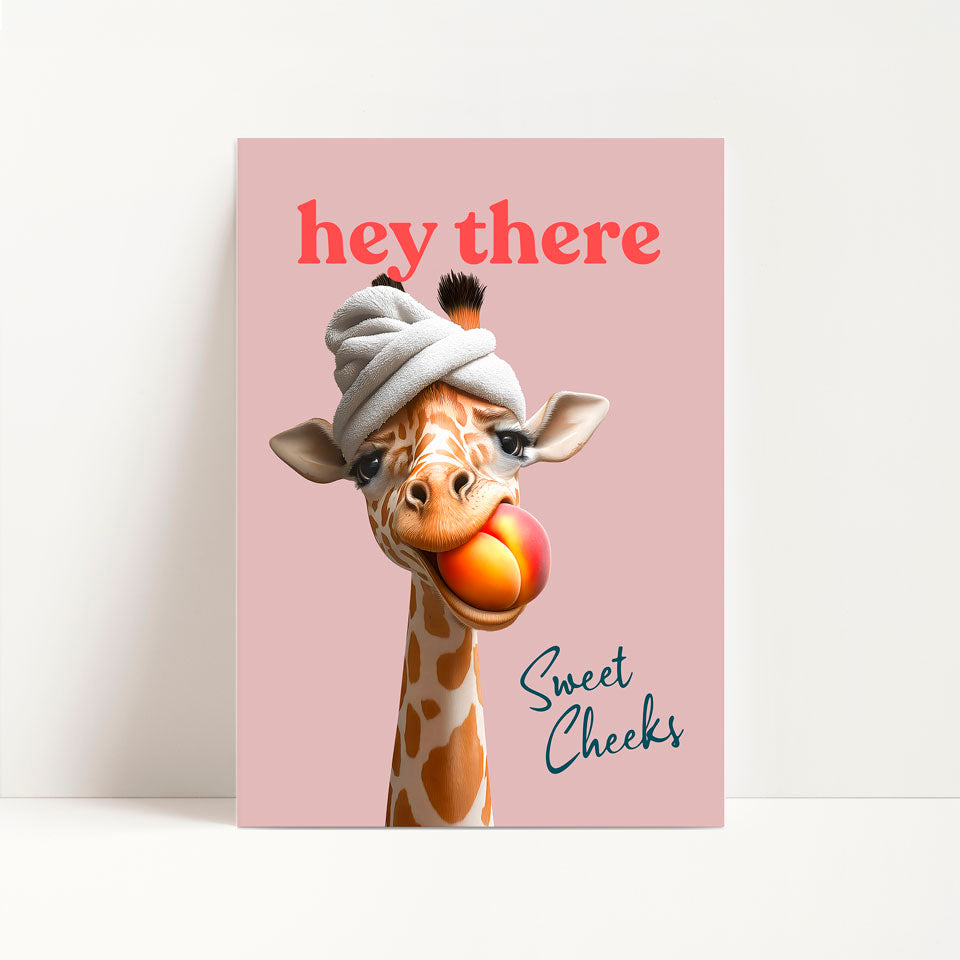 a card with a picture of a giraffe wearing a hat
