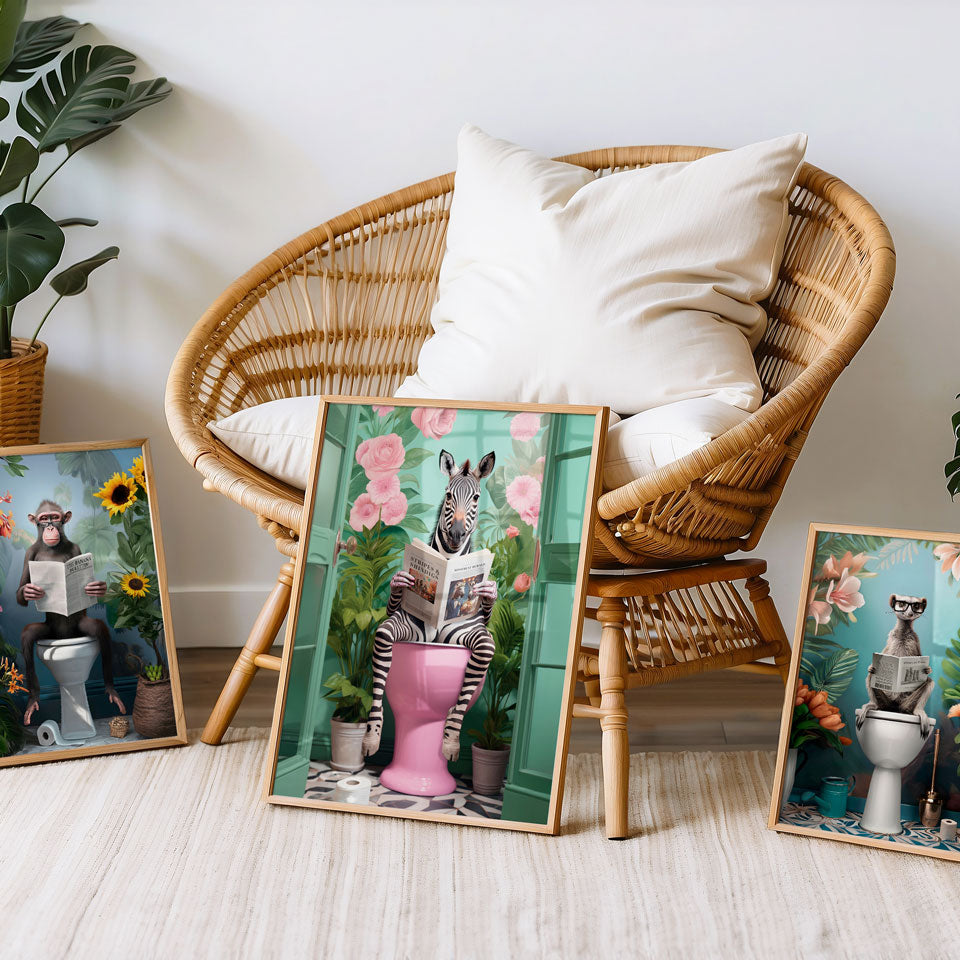 a wicker chair sitting next to a bunch of pictures