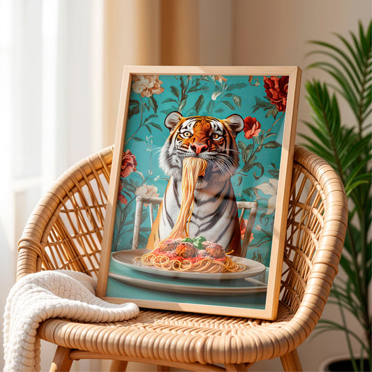 a picture of a tiger eating spaghetti on a chair