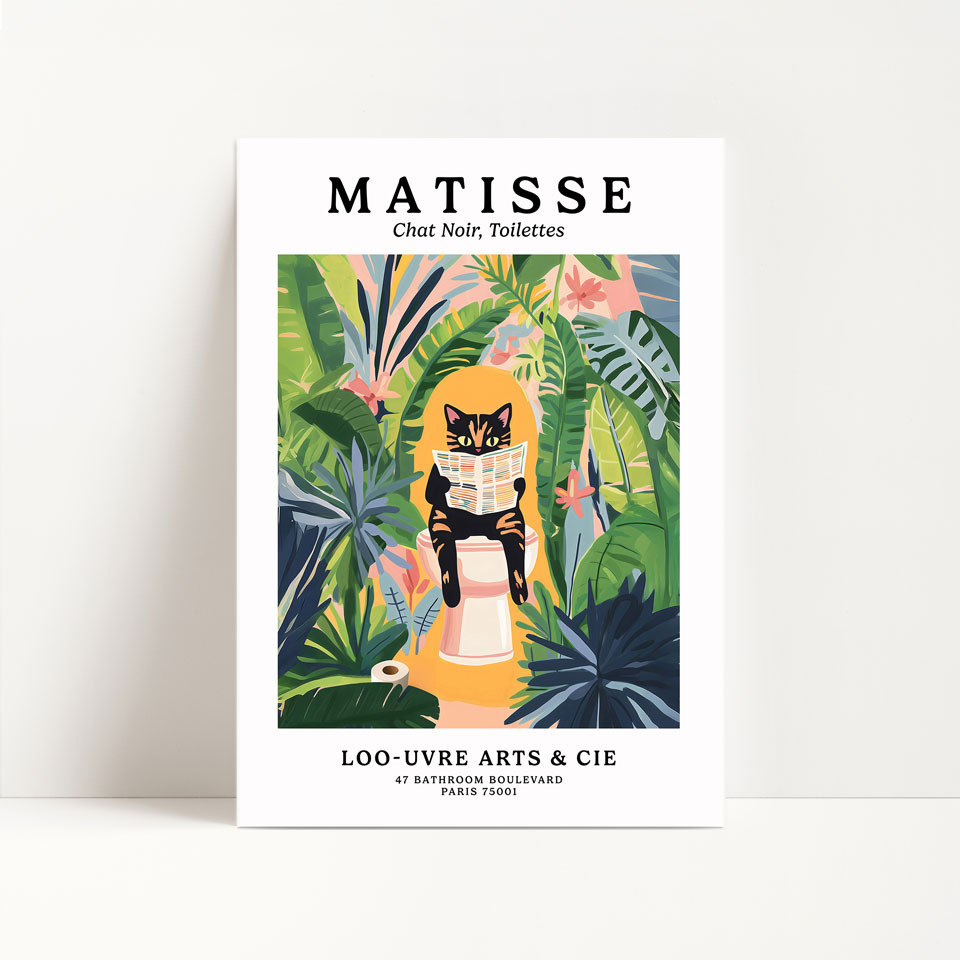 a poster of a cat sitting on top of a yellow object