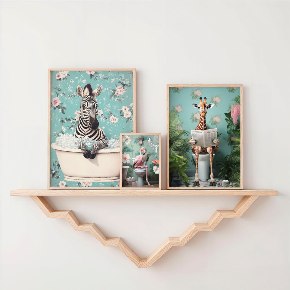 a shelf with two pictures and a giraffe in a bathtub