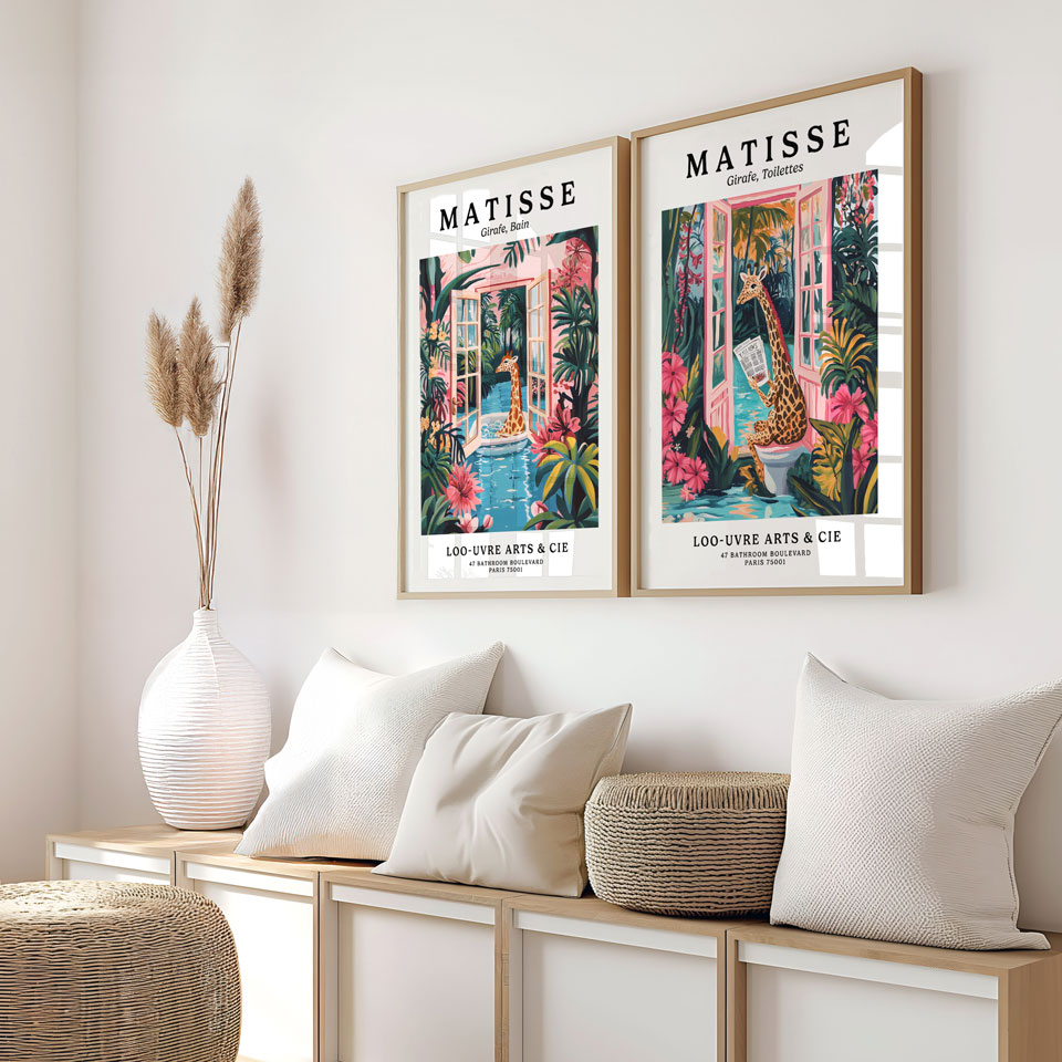 a couple of pictures hanging on the side of a wall