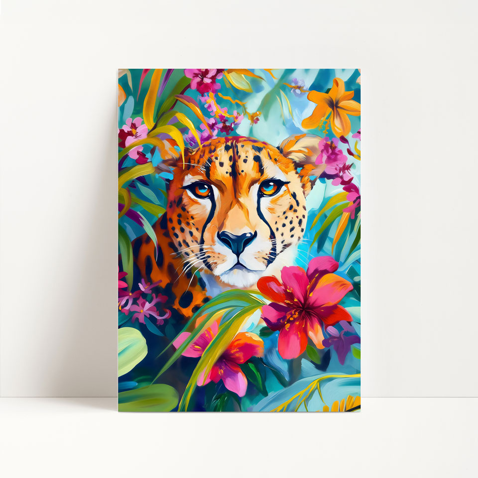 a painting of a leopard surrounded by flowers