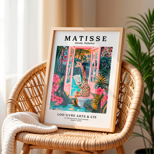 a picture of a giraffe sitting on a wicker chair