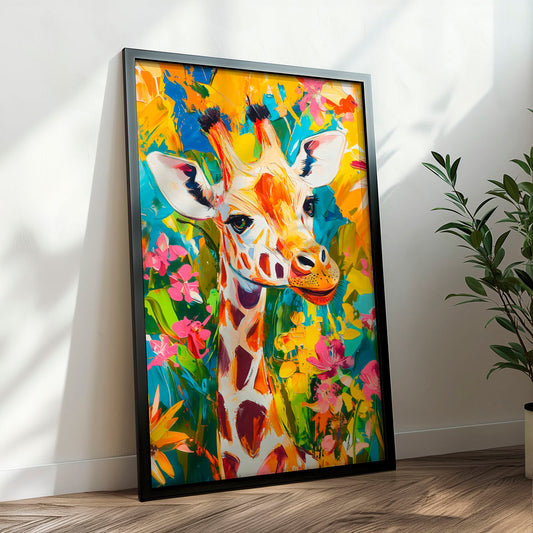 a painting of a giraffe in a room