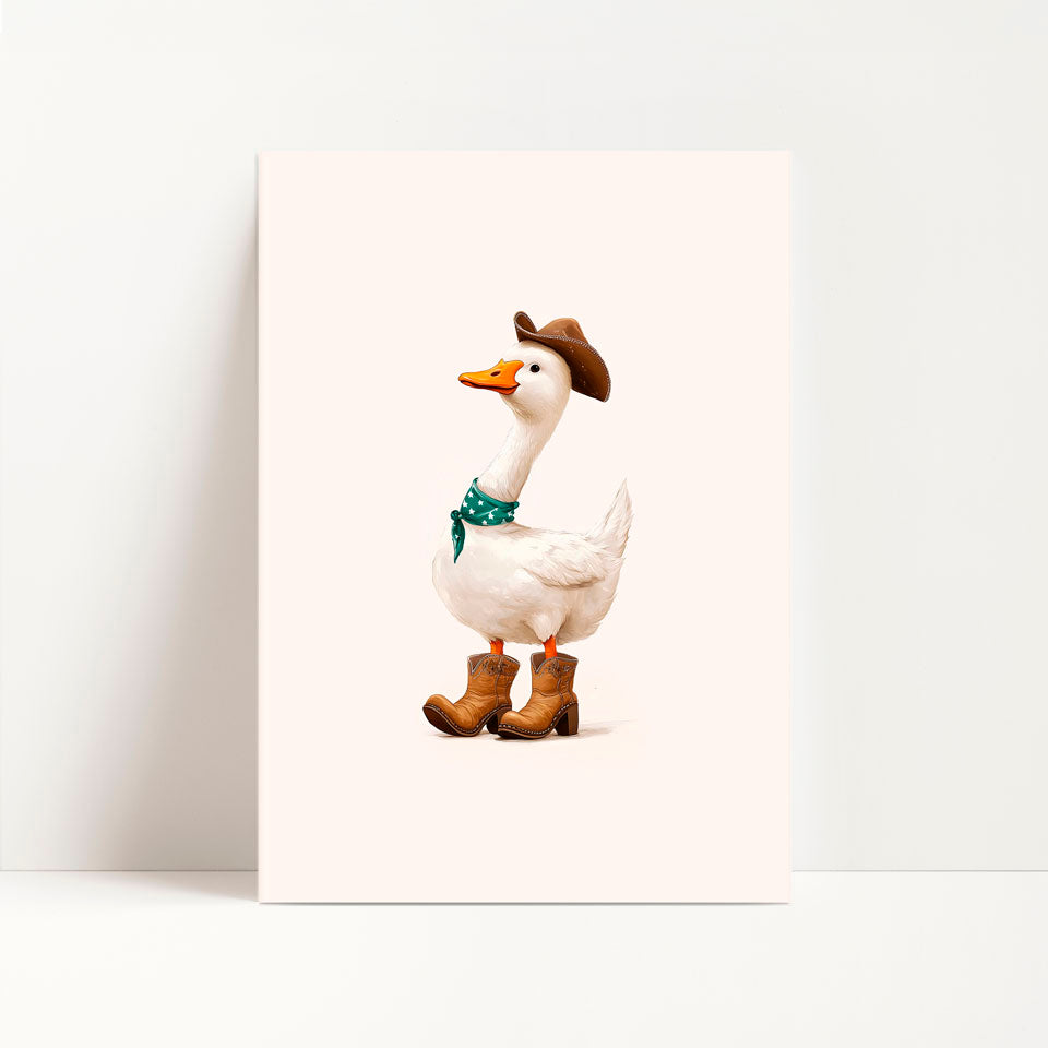 a white duck with a brown hat and boots