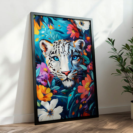 a painting of a white tiger surrounded by flowers