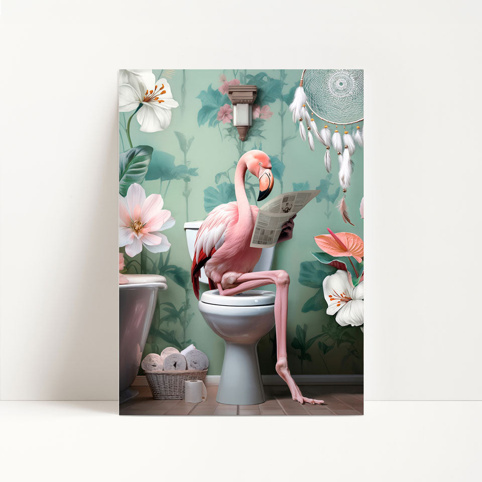 a pink flamingo sitting on top of a toilet