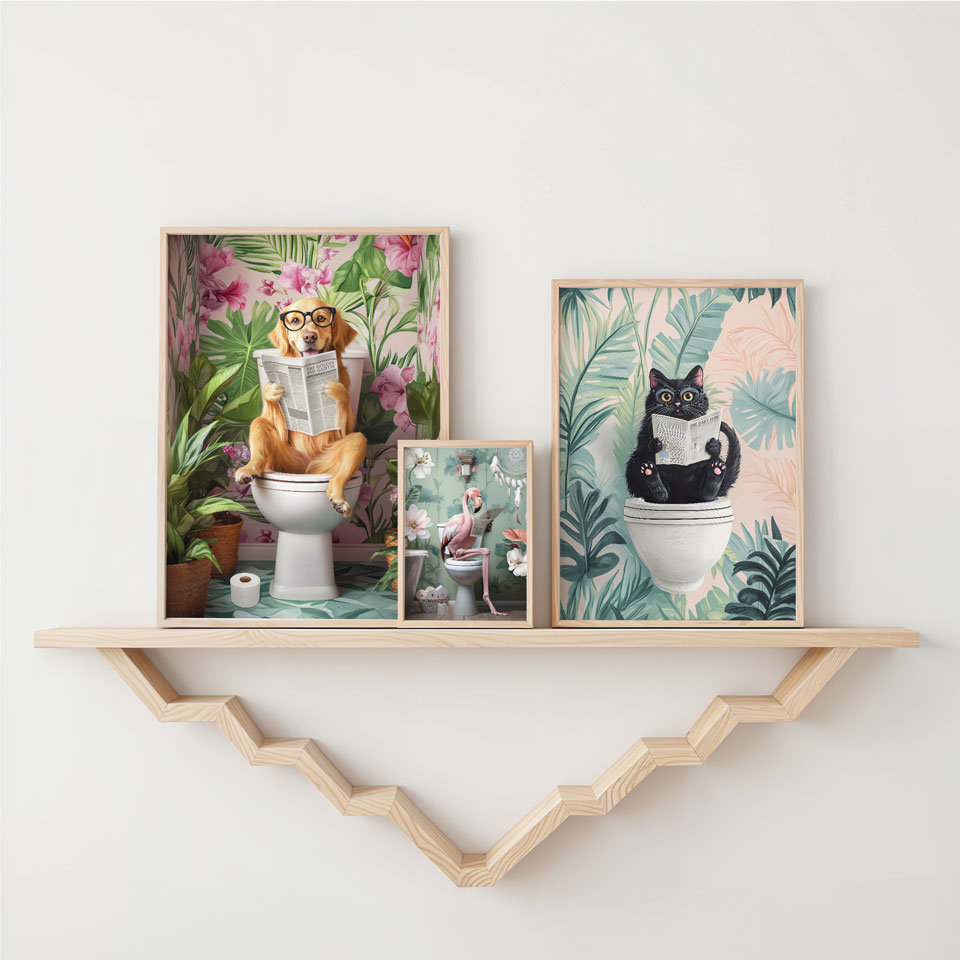 a shelf with three pictures of animals on it