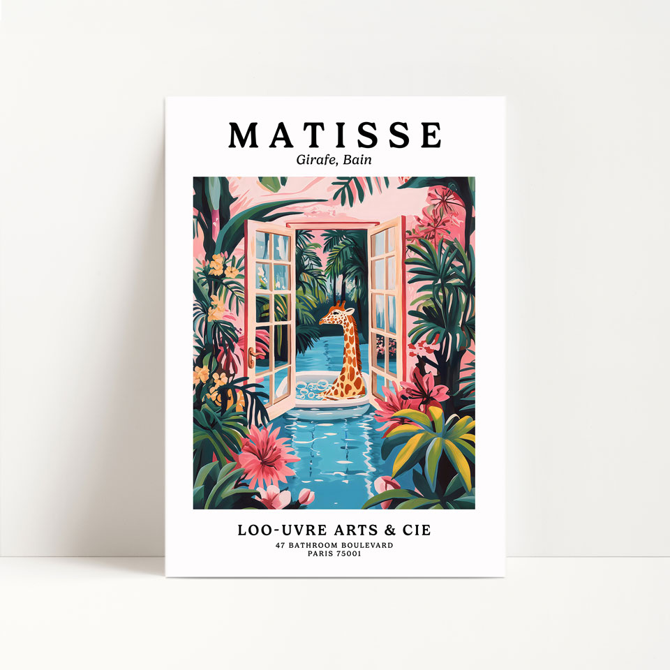 a poster of a giraffe in a tropical setting