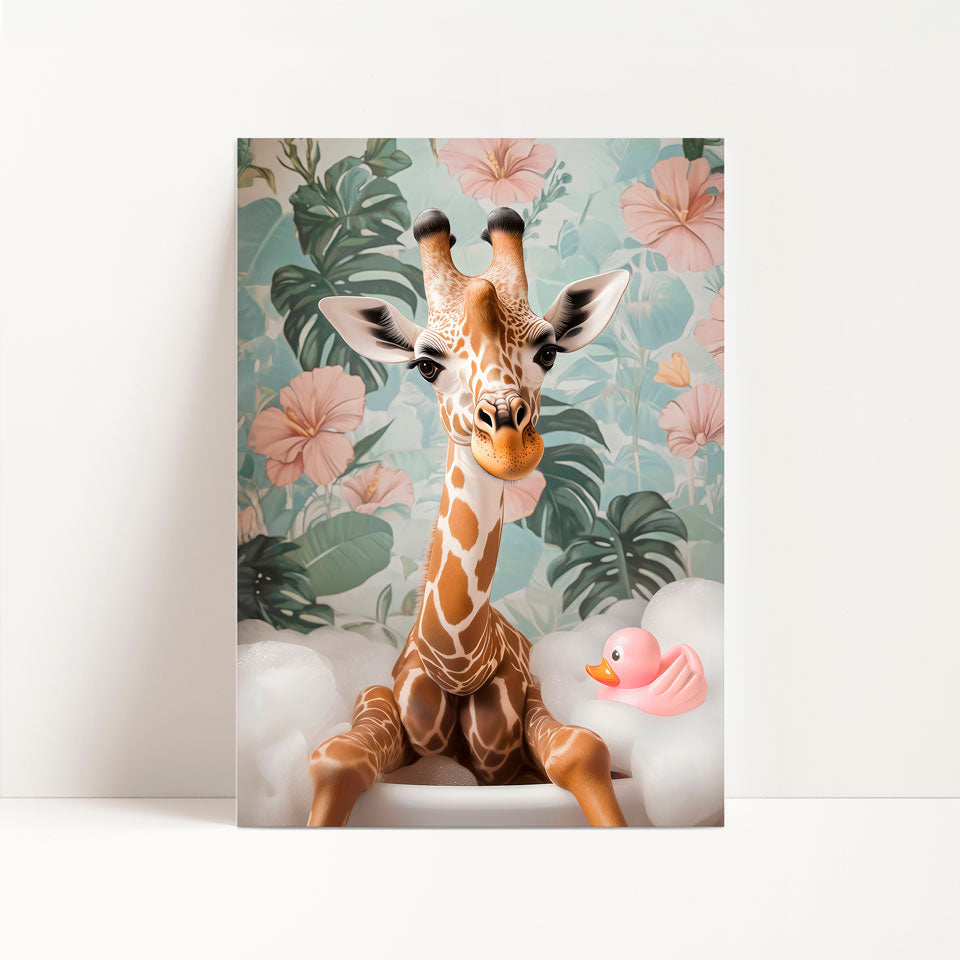 a picture of a giraffe sitting in front of a flowered wall