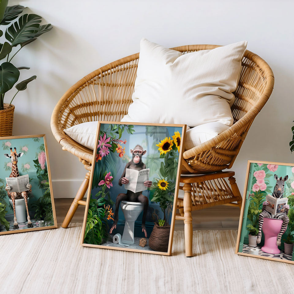 a wicker chair sitting next to a group of pictures