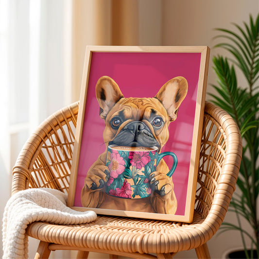 a painting of a dog holding a cup of coffee