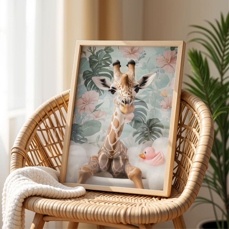 a picture of a giraffe sitting on a wicker chair