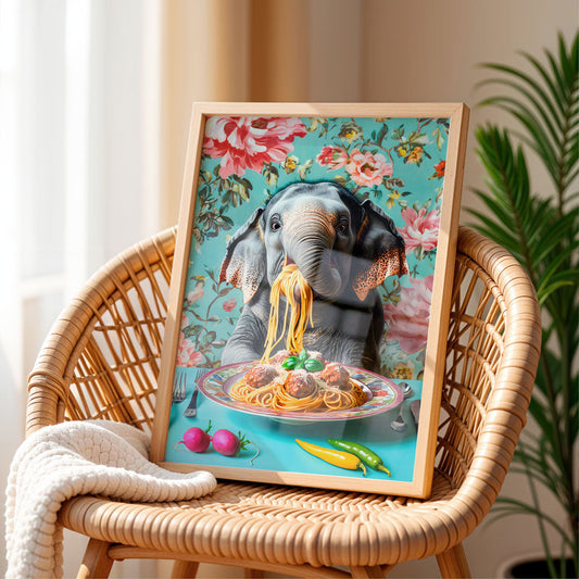 a picture of an elephant eating spaghetti on a chair