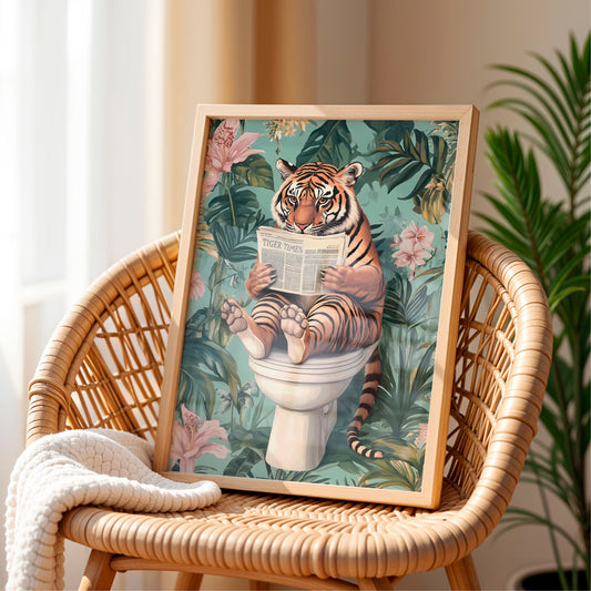 a picture of a tiger sitting on top of a toilet