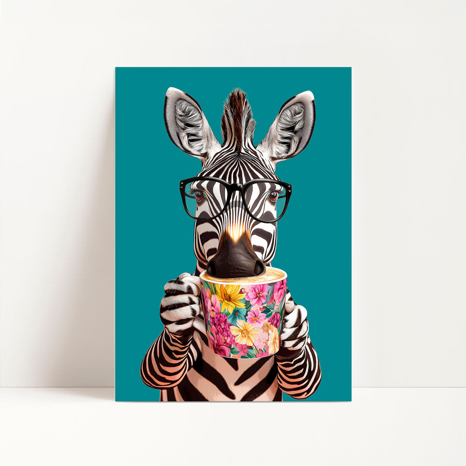 a zebra with glasses holding a cup of coffee