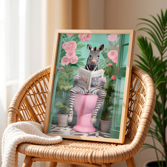 a picture of a zebra sitting on top of a pink toilet