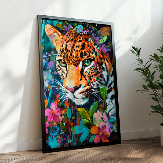 a painting of a leopard surrounded by flowers