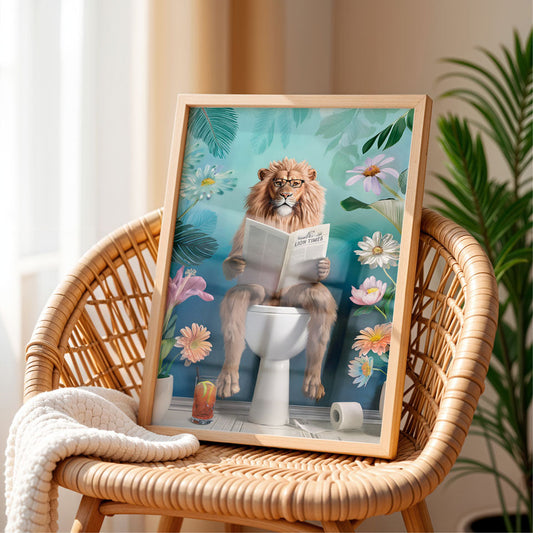 a picture of a lion sitting on top of a toilet