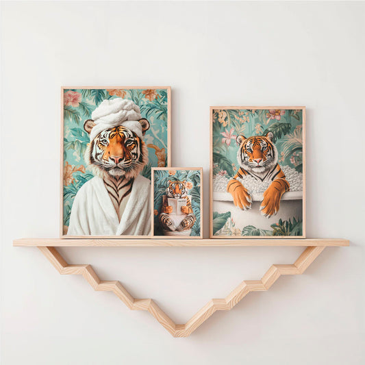 a shelf with two pictures of tigers on it