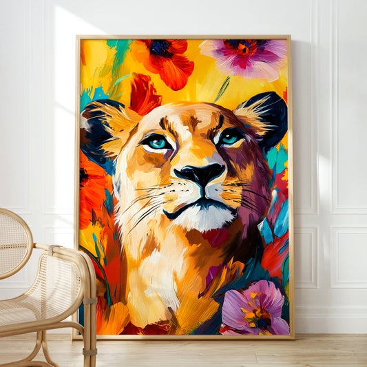 a painting of a lion with blue eyes