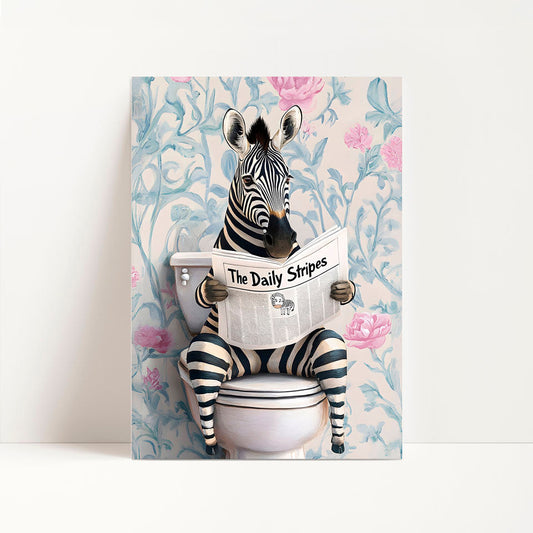 a zebra sitting on a toilet reading a newspaper