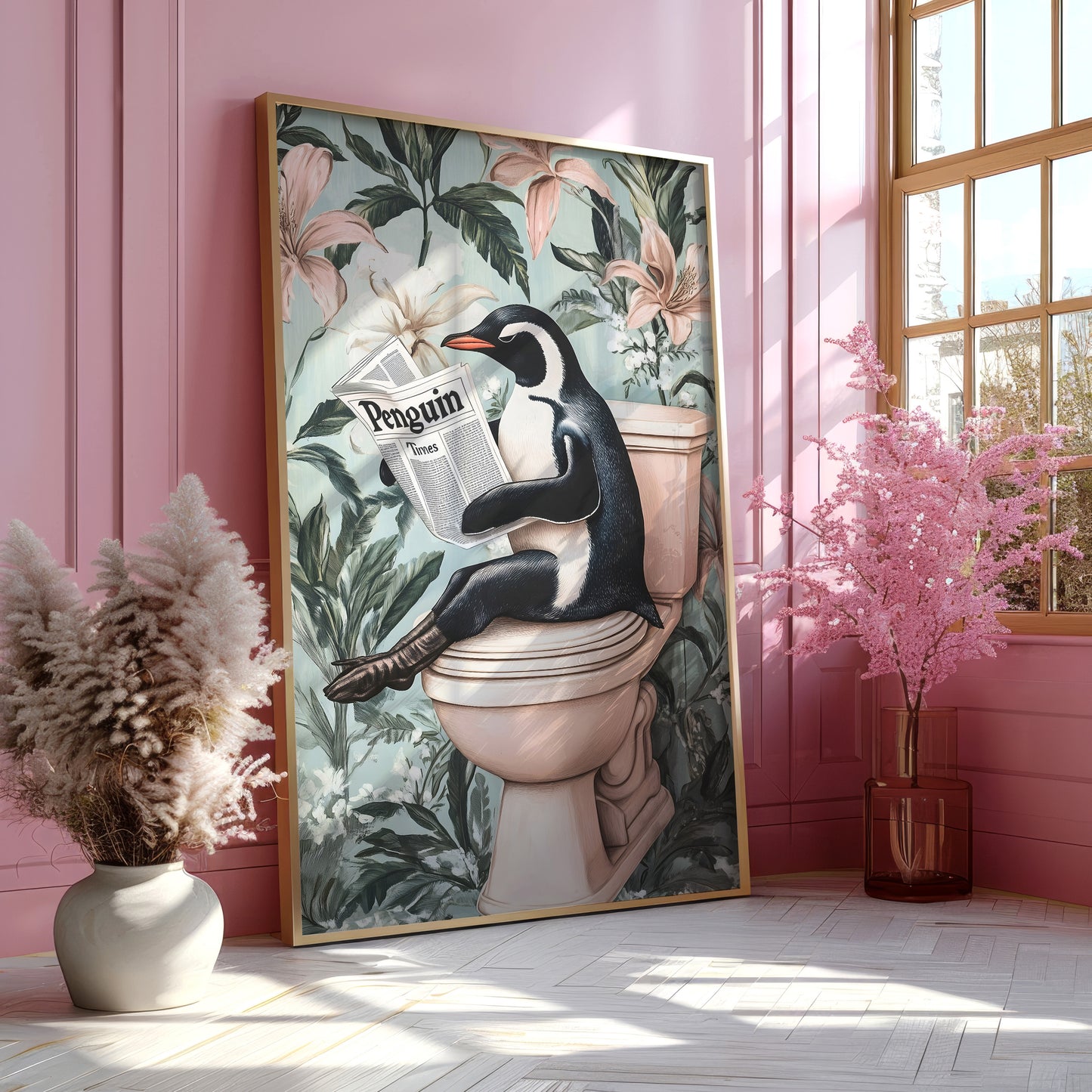 a painting of a penguin sitting on a toilet reading a magazine