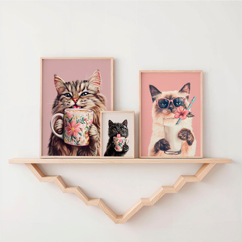 a shelf with three pictures of cats on it