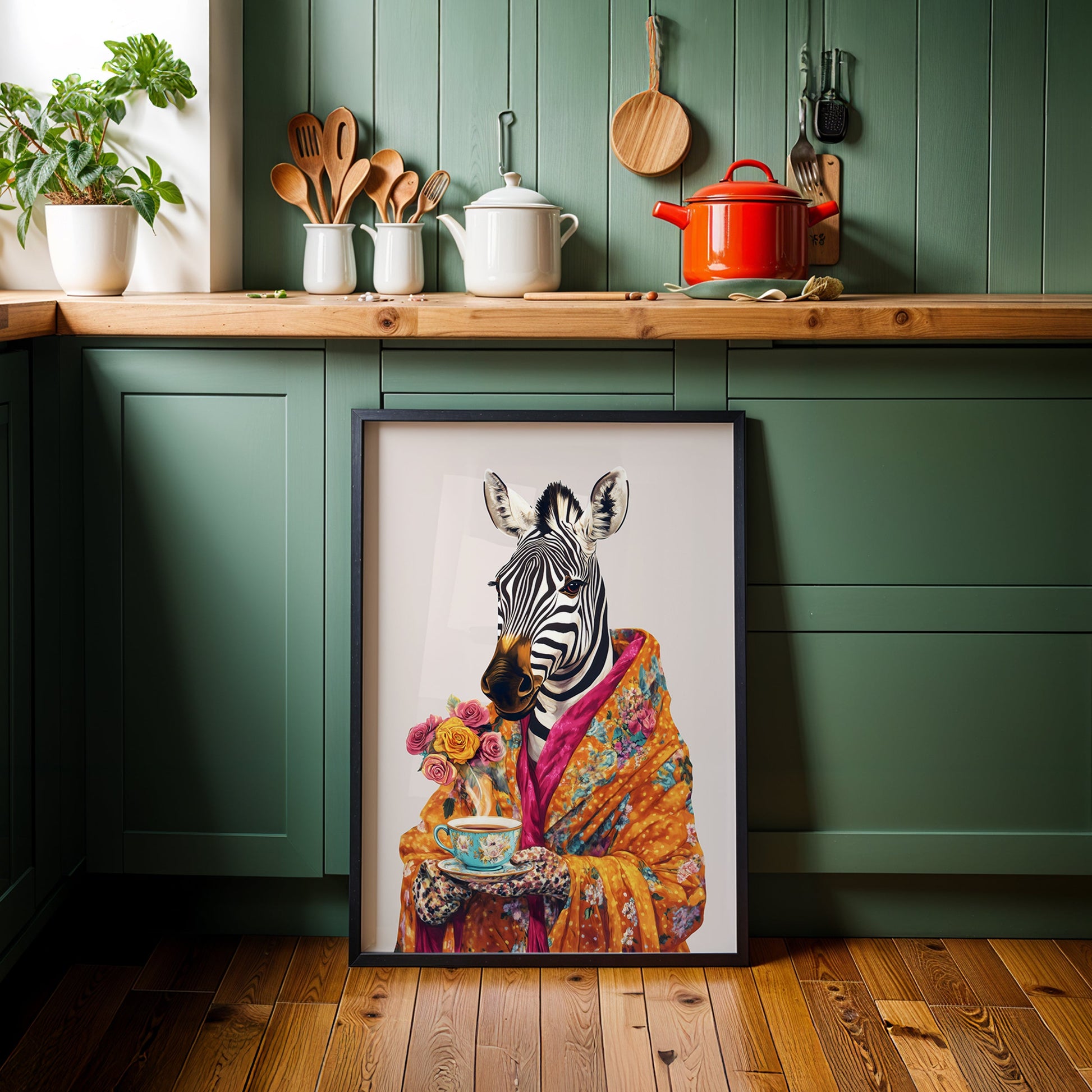 a picture of a zebra in a kitchen