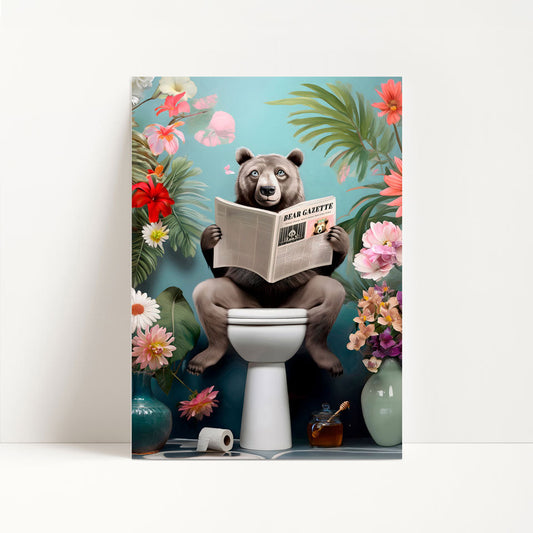 a picture of a bear sitting on a toilet reading a newspaper