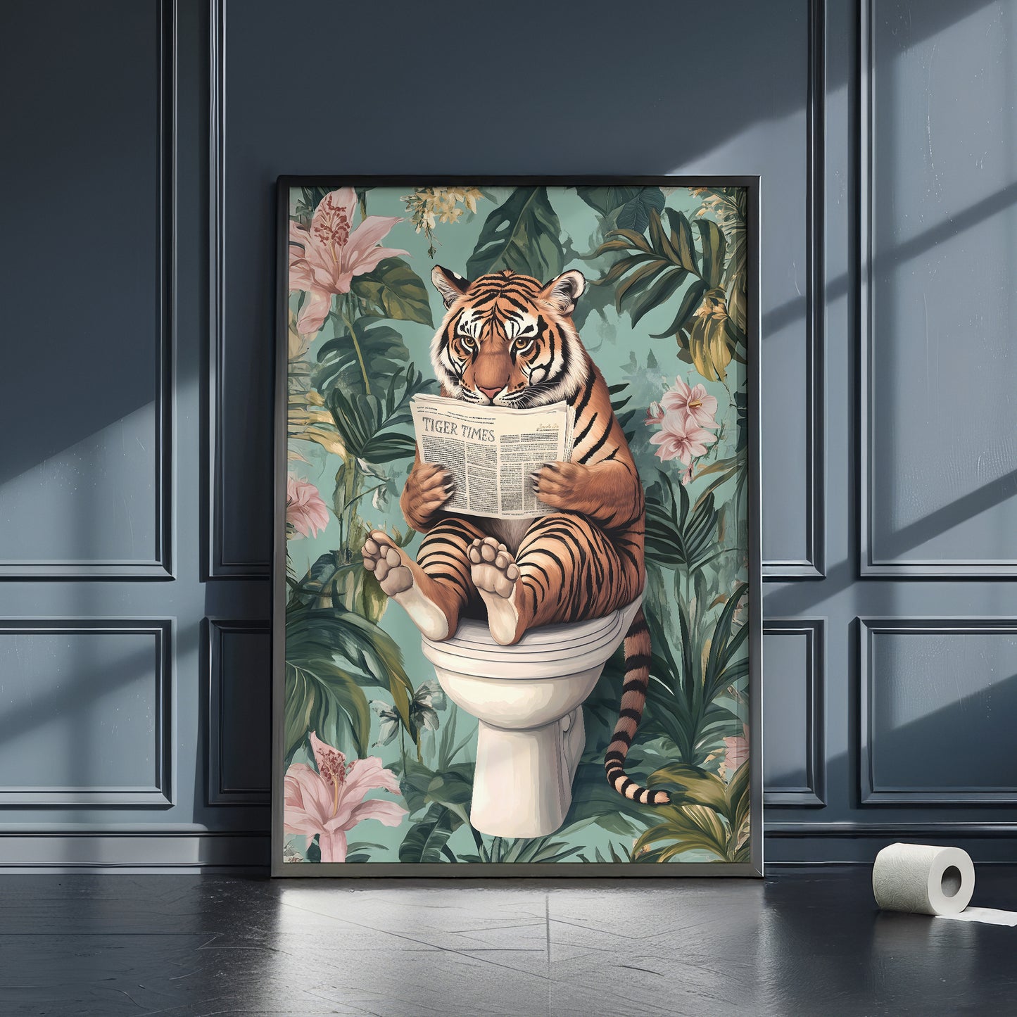 a picture of a tiger sitting on a toilet reading a book