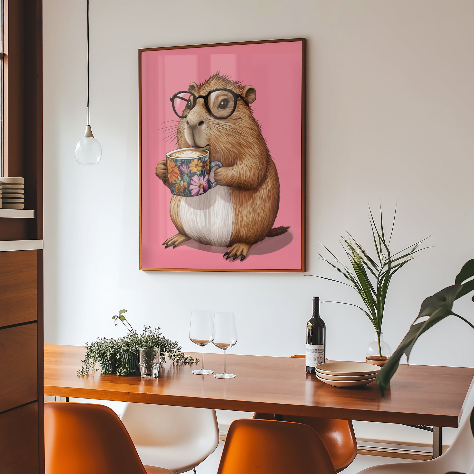 a painting of a rodent holding a cup of coffee